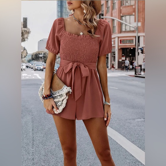 NWT Smocked Square Neck Waist Tie Romper in Clay - Picture 3 of 5